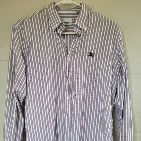 Burberry London Men's Purple & White Striped Logo Button-Down Shirt Size L - Picture 1 of 8